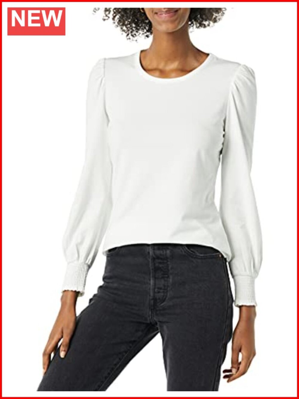 Long Sleeve Crewneck Smocked Cuff T-Shirt Slim Fit Cotton Modal